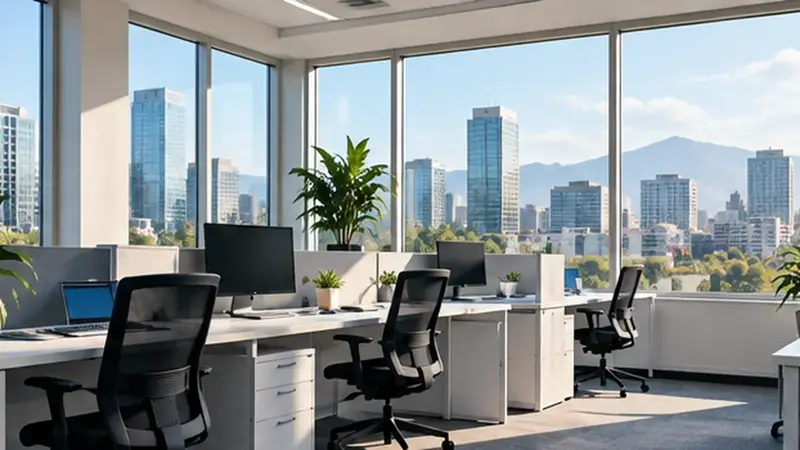 Oficina luminosa con escritorios y vista a la ciudad