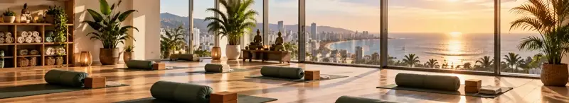 Sala de yoga con ventanales y vista al mar