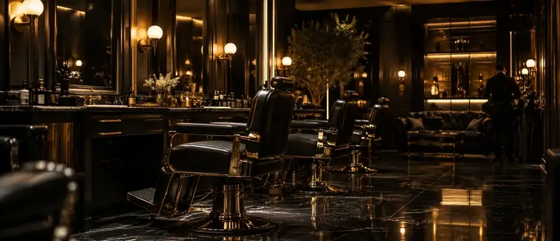 Interior de barbería con sillones de cuero y luces cálidas