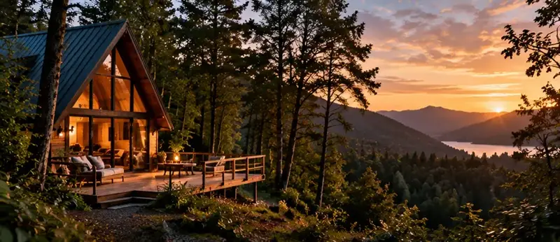 Cabaña de madera entre árboles al atardecer